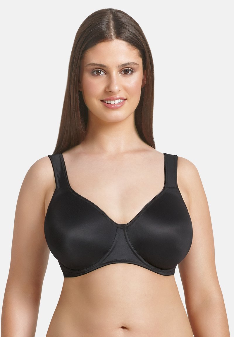 Black bra featuring seamless cups, wide adjustable straps, and a smooth texture. Designed for comfort and support with a classic silhouette.