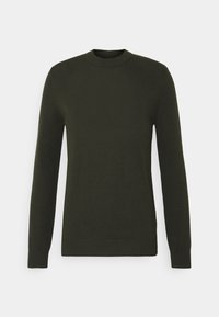 Mörkgrön tröja med rund hals, långa ärmar och ribbad mudd och nederkant. Tillverkad av ett slätt, strukturerat tyg. Inga synliga mönster eller logotyper.