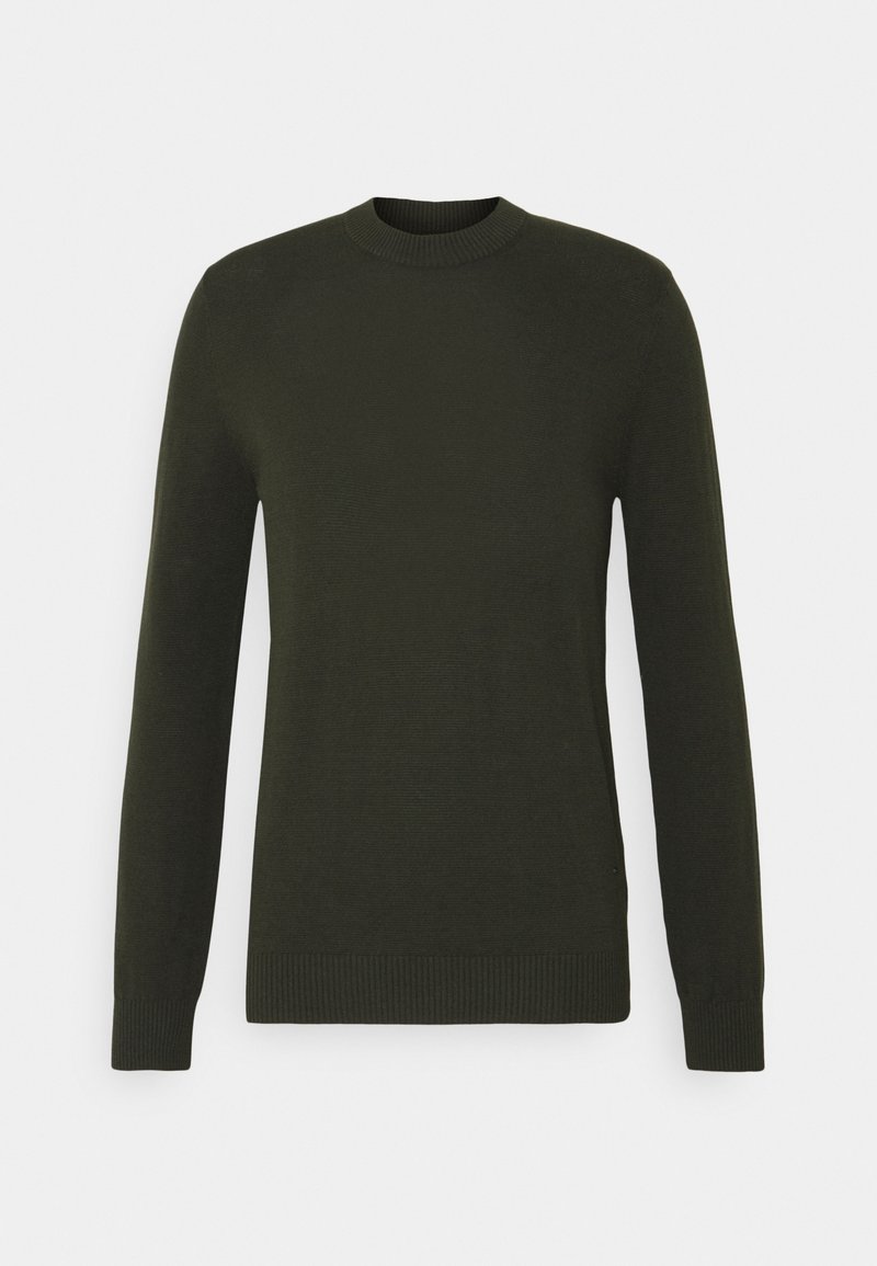 Mörkgrön tröja med rund hals, långa ärmar och ribbad mudd och nederkant. Tillverkad av ett slätt, strukturerat tyg. Inga synliga mönster eller logotyper.