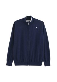 Cardigan zippé bleu marine en tissu tricot doux avec un col et des poignets côtelés. Présente un petit logo brodé sur la poitrine.