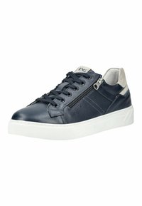 Baskets en cuir bleu marine avec semelle blanche, lacets noirs, fermeture éclair latérale et détail en daim gris clair au talon.