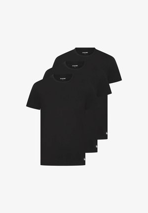 Set aus drei schwarzen Baumwoll-T-Shirts mit Rundhalsausschnitt, kurzen Ärmeln und dezentem Markenlogo am Saum. Glatte Textur und klassischer Schnitt.