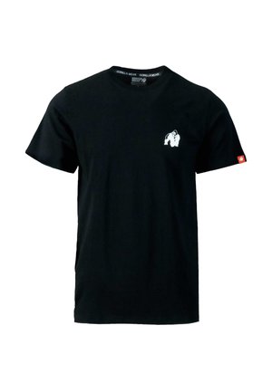Zwart T-shirt met korte mouwen met een klein wit gorillalogo op de linkerborst en een rood label met witte gorilla op de linkermouw.