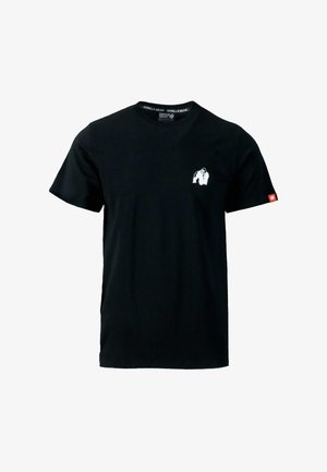 Zwart T-shirt met korte mouwen met een klein wit gorillalogo op de linkerborst en een rood label met witte gorilla op de linkermouw.
