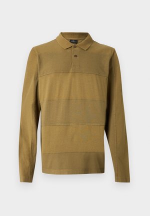 Long-sleeve olive green polo shirt with two-button collar placket and subtle horizontal stitching details.