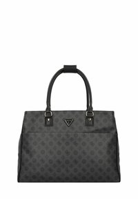 Borsa a tracolla nera realizzata in materiale testurizzato, con doppio manico, dettagli con logo e un motivo sottile di loghi su tutta la superficie.