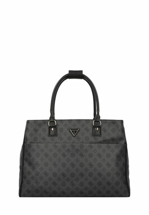 Sac à main noir en matériau texturé avec doubles poignées, détails de logo et un subtil motif de logos sur toute la surface.