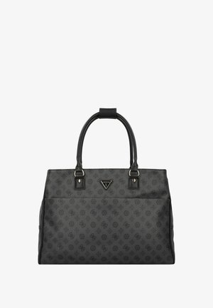 Borsa a tracolla nera realizzata in materiale testurizzato, con doppio manico, dettagli con logo e un motivo sottile di loghi su tutta la superficie.