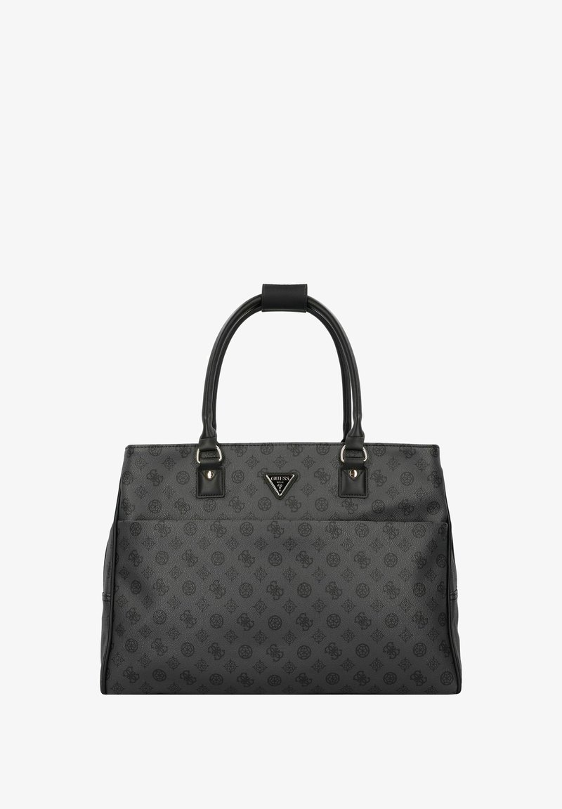 Zwarte handtas gemaakt van textuurmateriaal met dubbele handvatten, logo-details en een subtiel patroon van logo's over het oppervlak.