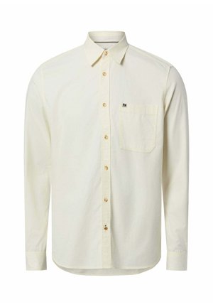 Camicia crema chiaro con bottoni, realizzata in tessuto morbido, con maniche lunghe, taschino sul petto e bottoni color nocciola. Tessuto liscio con colletto strutturato.