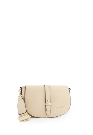 Beige lederen crossbody tas met verstelbare riem, gouden accenten, sluiting aan de voorkant van de riem en "VENEZIA" logo op het voorflapje.