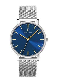 Orologio con cinturino in rete argento e quadrante blu, indicatori e lancette delle ore dorati, e cassa rotonda. Presenta un logo del marchio nella posizione delle 12.