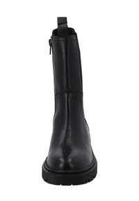 Bottine noire en cuir avec une finition lisse, bout rond et une fermeture éclair décorative. Dotée d'une semelle robuste et d'une tirette pour un enfilage facile.