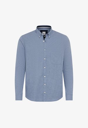 Hellblaues langärmeliges Hemd mit Knöpfen, kleinen Karomuster, Button-Down-Kragen, Brusttasche und weißen Knöpfen.