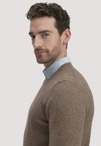 Brauner gestrickter Pullover mit Rundhalsausschnitt, getragen über einem hellblauen Hemd mit Kragen. Der Hintergrund ist schlicht und lenkt den Fokus auf das Kleidungsstück und das Modell.