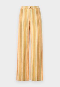 Παντελόνια με φαρδύ πόδι και ψηλή μέση με κάθετες ρίγες σε μπεζ, πορτοκαλί, κίτρινο και πράσινο, με κούμπωμα με κουμπί στη μέση.