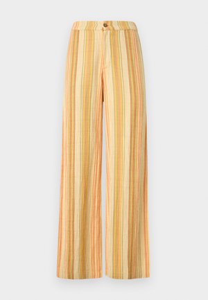 Παντελόνια με φαρδύ πόδι και ψηλή μέση με κάθετες ρίγες σε μπεζ, πορτοκαλί, κίτρινο και πράσινο, με κούμπωμα με κουμπί στη μέση.