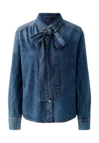 Dunkelblaues Jeanshemd mit langen Ärmeln, durchgeknöpftem Vorderteil und einer gebundenen Nackendetail. Mit Nahtakzenten und glatter Textur.