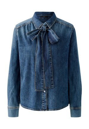Dunkelblaues Jeanshemd mit langen Ärmeln, durchgeknöpftem Vorderteil und einer gebundenen Nackendetail. Mit Nahtakzenten und glatter Textur.