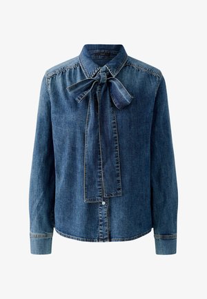 Denim shirt in dark blue with long sleeves, a button-down front, and a tied neck detail. Features seam accents and a smooth texture.