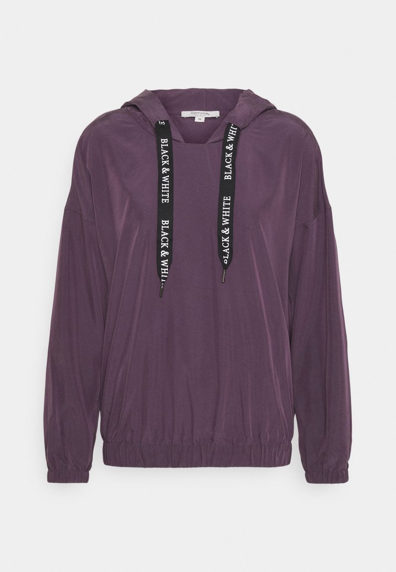 Fialová mikina s kapucí a dlouhými rukávy, elastickým lemem a šňůrkami s nápisem "BLACK & WHITE". Vyrobena z měkké látky.