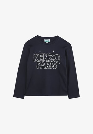 Marineblauwe langarma T-shirt met een gestructureerd wit "KENZO PARIS" logo met decoratieve stippen en een ronde halslijn.
