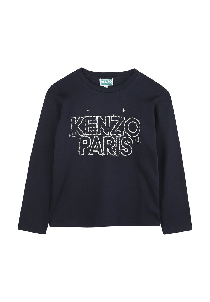 Marineblauwe langarma T-shirt met een gestructureerd wit "KENZO PARIS" logo met decoratieve stippen en een ronde halslijn.