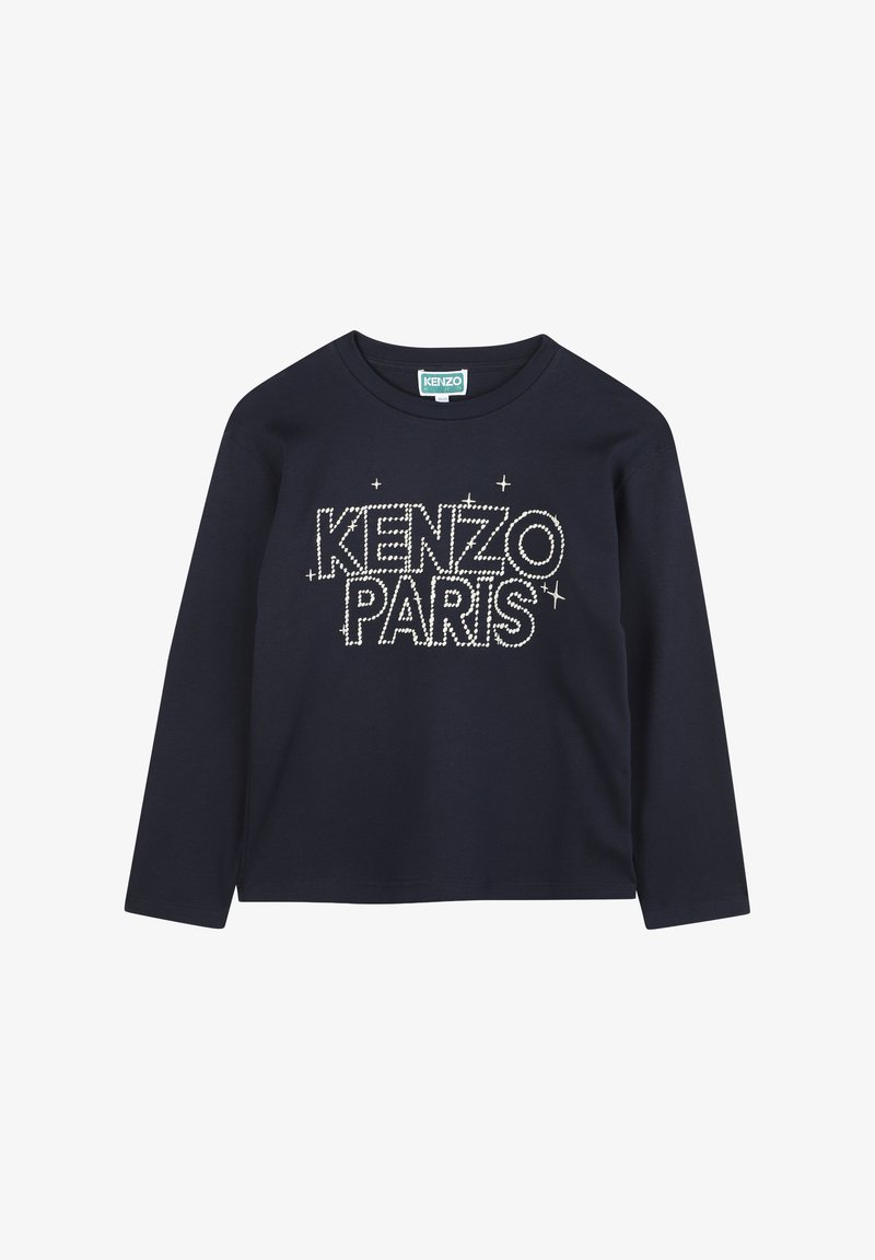 T-shirt à manches longues bleu marine avec un logo "KENZO PARIS" texturé en blanc agrémenté de points décoratifs et un col rond.