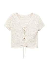 Top court en crochet blanc cassé, avec un col en V, des manches courtes et un détail à lacets au centre avec des cordons de serrage à l'ourlet.