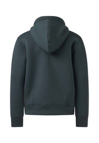 Sweat à capuche noir vu de dos avec manches longues et poignets et ceinture côtelés sur fond blanc.