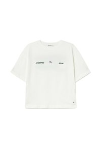 Camiseta blanca de manga corta con cuello redondo que presenta el texto "UN VISTAZO" y "DE NOSOTROS" separados por una pequeña estrella morada en el centro.