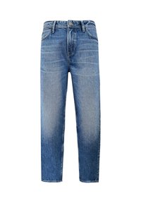 Niebieskie dżinsy z denimu w jasnym odcieniu, o prostych nogawkach, wyposażone w pięć kieszeni, zapięcie na guziki oraz delikatne przecieranie z przodu.
