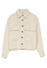 Beige corduroy jack met een kraag, knoopsluiting aan de voorkant, twee borstzakken en lange mouwen met manchetten.
