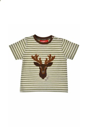 Green and white striped toddler shirt with a brown collar and textured reindeer head design on the front.