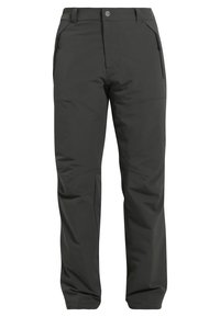 Pantalon noir d'extérieur avec poches latérales zippées, passants pour ceinture et genoux articulés, conçu pour la randonnée ou les activités sportives.
