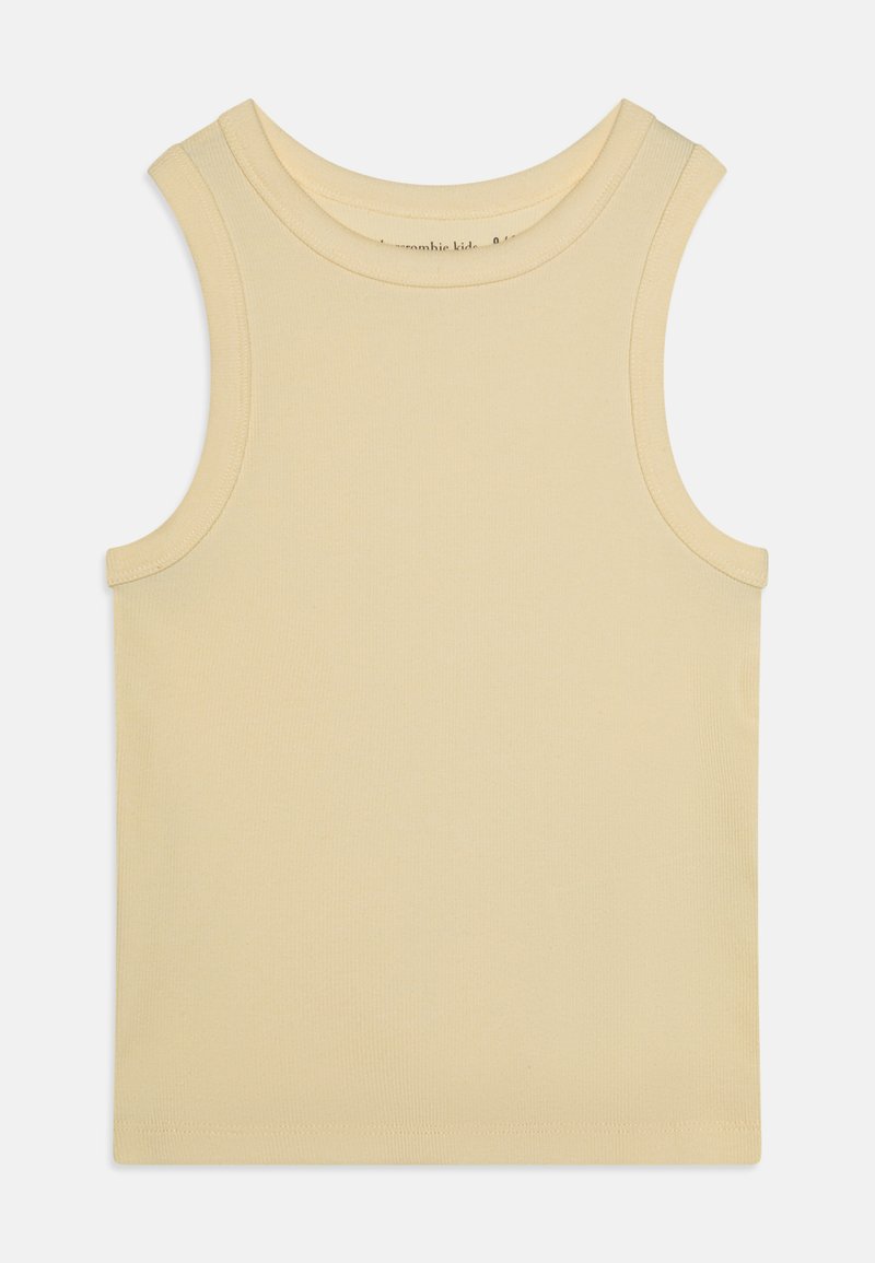 Gelbes ärmelloses Tanktop aus weicher Baumwolle. Es hat einen runden Halsausschnitt und eine saubere Nahtverarbeitung mit einer glatten, leichten Textur.