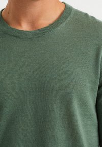 Stickad tröja med rund hals i mörkgrönt, tillverkad av mjukt tyg med slät textur. Har en enkel design och ribbad krage.