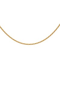 Kuldse tooniga kett-kaelakee, millel on keerutatud disain väikeste tihedalt seotud segmentidega, mis annavad tekstureeritud välimuse.