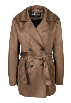 Trench-coat croisé en daim marron avec larges revers, boutons noirs, ceinture à nouer à la taille et poches latérales, taille XS.
