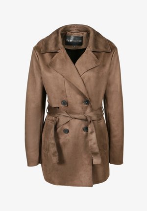 Trench-coat croisé en daim marron avec larges revers, boutons noirs, ceinture à nouer à la taille et poches latérales, taille XS.