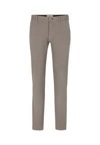 Pantaloni in cotone beige con vestibilità slim, dotati di chiusura con un solo bottone e una texture sottile. Nessun motivo o accentuazione visibile.