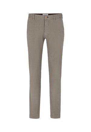 Beige katoenen broek met een slim fit, voorzien van een enkele knoopsluiting en een subtiele textuur. Geen zichtbare patronen of accenten.