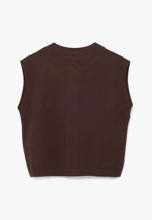 Top de punto sin mangas color marrón con un escote redondo acanalado, que presenta una textura suave y una forma ligeramente corta y cuadrada.