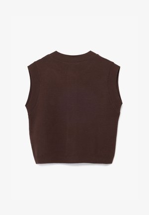 Braunes ärmelloses Stricktop mit einem gerippten Rundhalsausschnitt, das eine weiche Textur und eine leicht verkürzte, kastige Form aufweist.