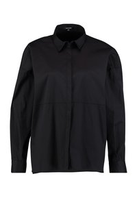 Camicia nera a maniche lunghe realizzata in un tessuto morbido e leggero. Presenta una chiusura con bottoni sul davanti, un colletto semplice e una vestibilità rilassata con dettagli di cucitura discreti.
