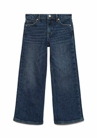 Jeans en denim bleu foncé à jambe large, dotés de cinq poches, d'une braguette à bouton et de détails de couture subtils le long des coutures.