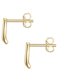 Pendientes de stud en tono dorado con una forma curva, que presentan una superficie texturizada y acentos circulares distintivos en la parte posterior.