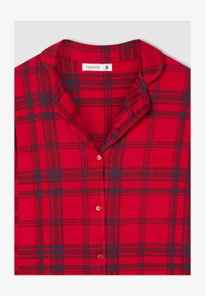 Camicia a quadri rossa con motivo a scacchi neri e blu, in tessuto morbido, colletto e chiusura con cinque bottoni.