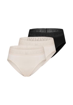 Drei Damen-Slips mit hohem Bund und Spitzenbund, zwei in Beige und einer in Schwarz, übereinander auf weißem Hintergrund angeordnet.