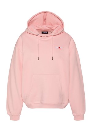 Hellrosa Kapuzenpullover mit Taschen vorne und „Schott NYC“-Logo auf der Brust, mit Kordelzug an der Kapuze und gerippten Bündchen.